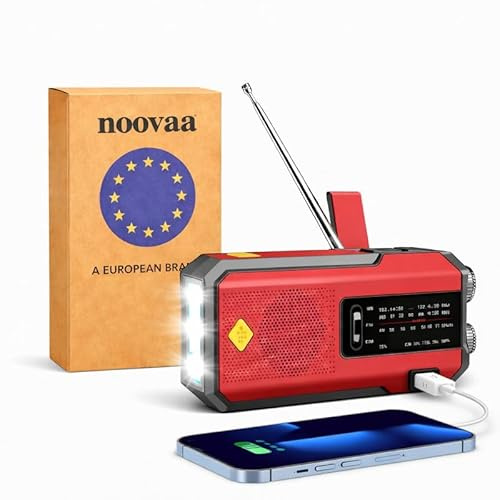 Noovaa Radio solare di Emergenza a manovella, autoalimentata, con torcia LED integrata, ricezione AM/FM/WB, e batteria ricaricabile da 2000 mAh per la ricarica di Emergenza degli smartphone.