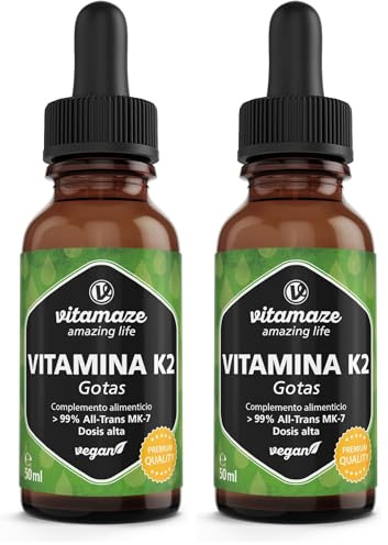 Vitamina K2 Gotas 200 mcg de Alta Dosis, Vitamina K2 vegano y líquido por dosis diaria, Menaquinona MK-7 (< 99% en Forma All-Trans), 50ml (1700 Gotas), sin Aditivos Innecesarios (Paquete de 2)