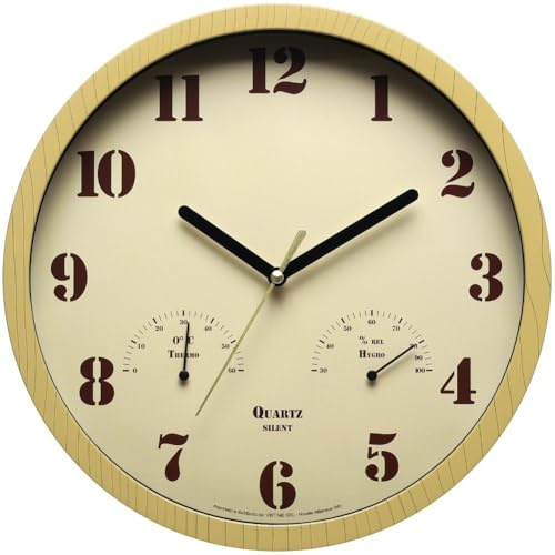 FUBESK Orologio da parete silenzioso senza ticchettio per esterni, con termometro e igrometro, 25,4 cm, analogico, decorazione da giardino, patio, veranda, piscina, funzionamento a batteria