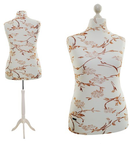 Schneiderpuppe LUCCESI | zum Probierpreis! | Größen S - XL (Female) | Torso Size: XL (44-46) | Wechselbezug Creme-Weiss/florales Muster (braun) | Standfuss Weiss | Damen Schaufensterpuppe