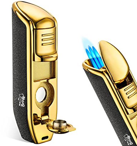 Mrs. Brog Cigar Lighter Triple Flame Torch with Built in Cigar Punch (Butane Gas Not Included) - Pocket Size 3 Adjustable Wind Proof Jet Flames - Ergonomic Grip