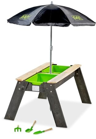 EXIT TOYS Aksent Table à Sable en Bois - Table de Jeu et Table de Pique-Nique - Parasol, Outils de Jardinage, Bacs et Couvercle - pour Les Enfants dans Le Jardin - 100% FSC Bois de Cèdre - 69x94x50cm