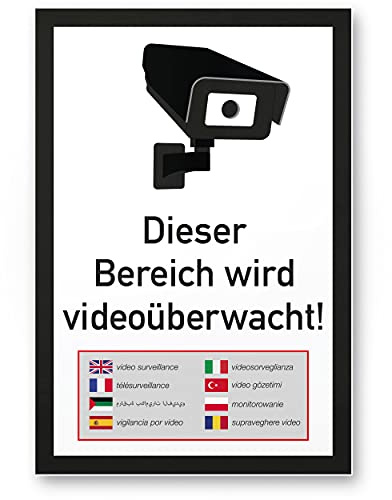 Komma Security Bereich Videoüberwacht Schild mehrsprachig 20 x 30 cm - Achtung Vorsicht Videoüberwachung - Hinweis Hinweisschild Videoüberwacht - Warnschild Warnhinweis Videoüberwachung