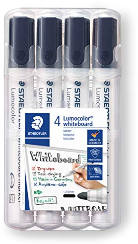 STAEDTLER Whiteboard Marker Lumocolor, Rundspitze ca. 2 mm Linienbreite, hohe Qualität, trocken und rückstandsfrei abwischbar von Whiteboards, Set mit 4 schwarzen Markern, 351 WP4-9X