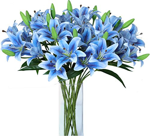 LNHOMY Künstliche Lilien, Blumen, volle Blüten, Latex, fühlt Sich echt an, künstliche Blumensträuße mit 3 Köpfen, für Hochzeit, Party, Dekoration, Heimdekoration (blau), 6 Stück
