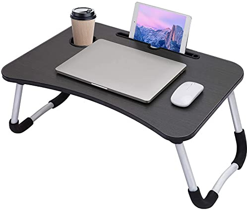 Laptop Betttisch Tragbar Betttablett Schoßtisch, Laptop Tisch für Bett mit Tablet-Schlitz und Cup Slot zum Essen Frühstück Arbeiten (Schwarz), Mit Kartensteckplatz und Getränkehalter