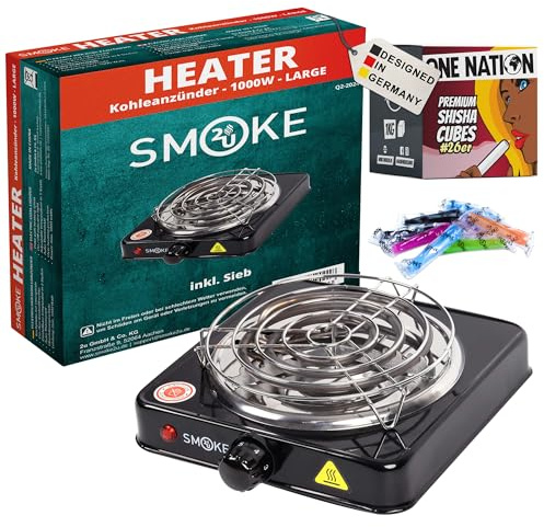 Smoke2u® Hotplate da 1000 Watt con spirale riscaldante in acciaio inox, accenditore elettrico a carbone per narghilè, con griglia di carbone (+ 2 kg di carbone e 100 bocchini igienici)