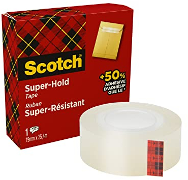Scotch Nastro adesivo Super-Hold, 1 Rotolo, 19 mm x 25,4 m - 50% di Forza Adesiva in più Rispetto al Nastro Adesivo Crystal, Nastro Adesivo Trasparente, Sigillo Forte e Sicuro