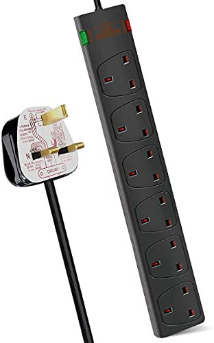 EXTRASTAR 6 Way Extension Leads with Surge Protection, 13A 3120W Approved British UK Wall Mounted Power Strips with 2 Metre Extension Cord for Home, Office - Black