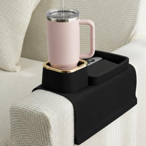 Elimiko Couch Cup Holder Tray, Silicone Anti-Spill and Anti-Slip Cup Holder for Couch, Strong and Weighted Phone/Remote/Snacks Couch Drink Holder, Gifts for Men, Dad, Boyfriend, Husband (Black)