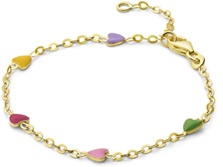 MIORE Kids braccialetto colorato per bambini con 5 cuori smaltati in oro giallo 375, lunghezza 14 cm (12 cm + 2 cm di estensione)