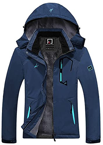 R RUNVEL Damen wasserdichte Winter Warme Fleece Skijacke mit Kapuze Schwarz Medium, navy, 40