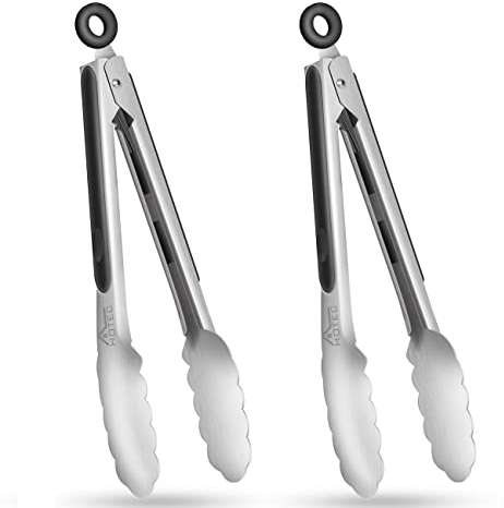 HOTEC Stainless Steel Kitchen Tongs Set of 2-9 inch, Locking Metal Food Cooking Tongs Non-Slip Grip (Black)