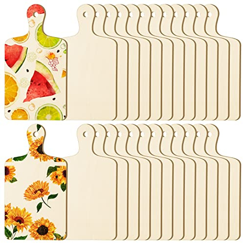 Yinkin 24 Pieces Mini Wood Cutting Board with Handle Wooden Chopping block Paddle Unfinished Mini Cheese Small Serving board Cooking Butcher Block for Crafts Vegetable Kitchen Decor(Large)