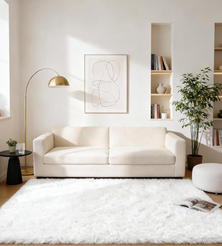 MARATIP Teppich Wohnzimmer Weiß 200x300 cm flauschig weich | Hochflor-Teppich, waschbar, rutschfest, weich. Ideal für offene Räume, Esszimmer und große Schlafzimmer.