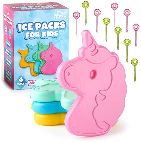 GET FRESH Mini Kühlakkus für Brotdose der Kinder - 4 Stück Einhorn Kleine Wiederverwendbare Kühlakkus für Kühltasche - Mini Kühlelemente für Kinder Brotdose - Ice Packs for Kids Lunch Boxes