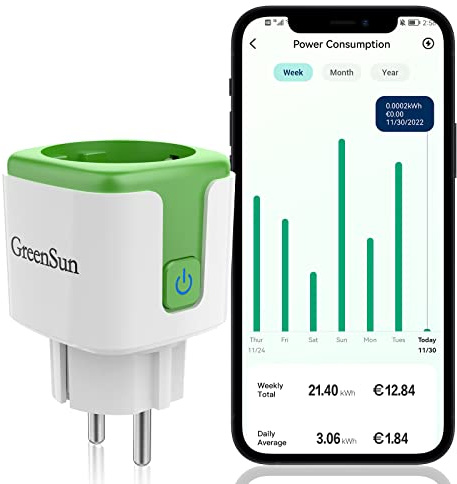GreenSun Enchufe Inteligente Enchufe WiFi Enchufe Inteligente Alexa 16A 3570W 2,4 GHz Horarios y Temporizadores, Smart Plug Compatible con Alexa y Google Home con Medidor Consumo Electrico
