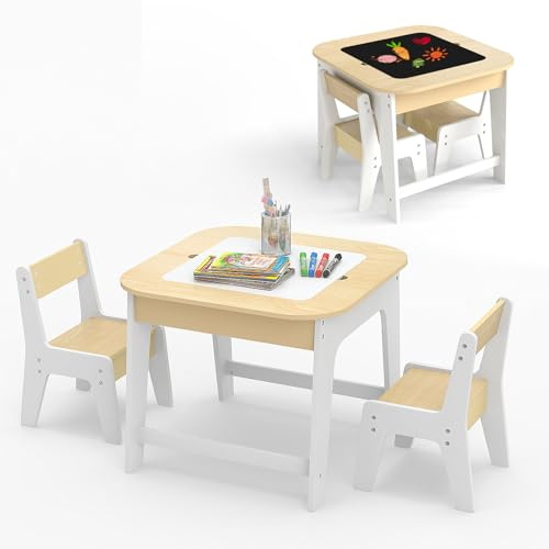 GOPLUS 3 delar Barnstolsgrupp, barnbord med 2 stolar, barnmöbelset med avtagbar bordsskiva och förvaringsutrymme, målbord med tavla och whiteboard för barnrum