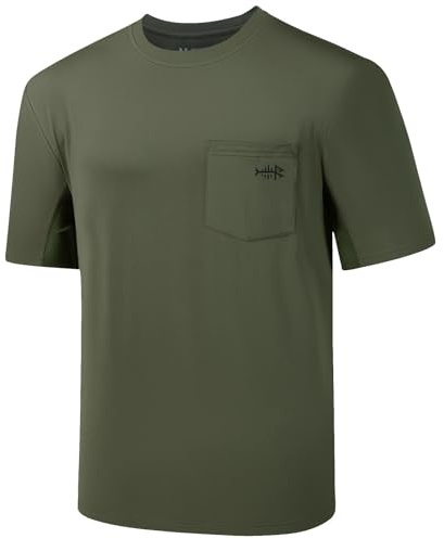 BASSDASH UPF 50+ prestanda kortärmad ficka t-shirt UV solskydd fiske vandring kajakpaddling sporttröjor, Olivgrön/svart logotyp, L