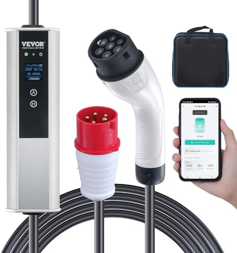 VEVOR Cargador Portátil para Vehículos Eléctricos Tipo 2 IEC6219 Cargador para Coche Eléctrico 16 A 3,68 kW Monofásico 11 kW Cable de Carga Trifásico 7,5 m CEE 16 Enchufe LCD IP66 con Bolsa Gancho