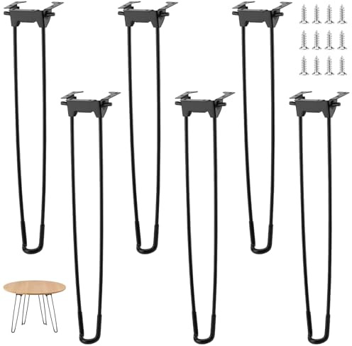SINJEUN 17Inch Foldable Hairpin Table Legs, 6 Pack Black Metal Folding Furniture Legs with Protector Feet and Mounting Screws, Max Support 350lbs for Bench, Coffee Table, Chair, Nightstand
