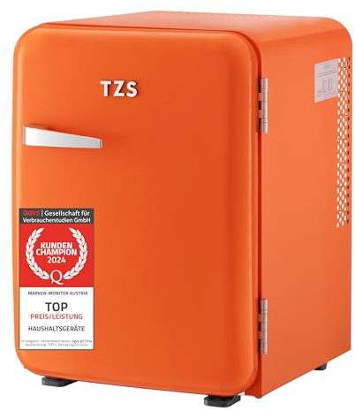 TZS First Austria - Mini Frigorífico Retro 40L silencioso - Pequeño Minifrigo diseño vintage con luz interior y 2 compartimentos de puerta - Minibar para camping, oficina, dormitorio y hotel - naranja