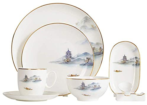 Vajilla de cerámica, 8 piezas, juego de vajilla de porcelana para paisajismo, juegos combinados de platos de cerámica, plato de cena, plato de postre, tazón y taza