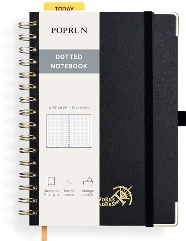 POPRUN Notizbuch A5 Gepunktetes, Bullet Dotted Journal, Spiral-Notizbücher 120 GSM Papier, 141 nummerierte Seiten, Hardcover mit Kleberegisterkarten und 8 Abreißblättern - BK(Schwarz)