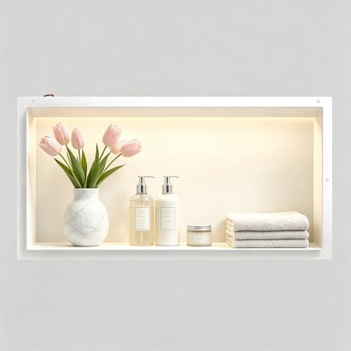 Bernkot Wandnische Dusche Edelstahl, wasserdichte Nische mit LED-Licht | Eingebettete Duschnische 30x60x10cm, Einzelbett Duschnische, Eingebettete Lagerung im Duschraum, weiß