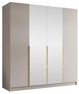 Mirjan24 Kleiderschrank mit Spiegel, Einlegeböden und Kleiderstange Salkor II, Vielseitiger Drehtürenschrank, Elegantes Kleiderschrank 4-türig (Cashmere/Cashmere + Gold)