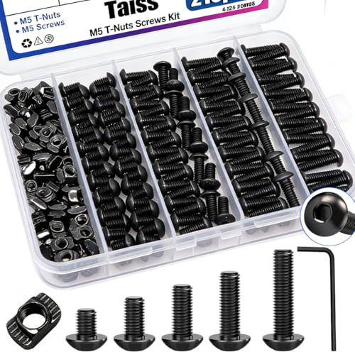 Taiss 210PCS M5 T-Nuts and Bolts Kit for 2020 Aluminum Extrusion Hardware,Hammer Head M5 T-Slot Nut,M5x8/12/16/20mm Hexagon Socket Screws with Hex Wrench