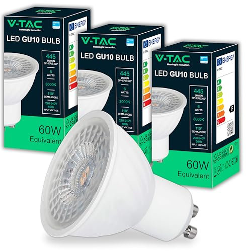 V-TAC 3x Lampadine LED GU10 6W (Equivalenti a 60W) - Chip SAMSUNG - 445 Lumen - Alta Luminosità - Faretto Led GU10 per Massima Efficienza e Risparmio Energetico - Lampadina Luce Calda 3000K