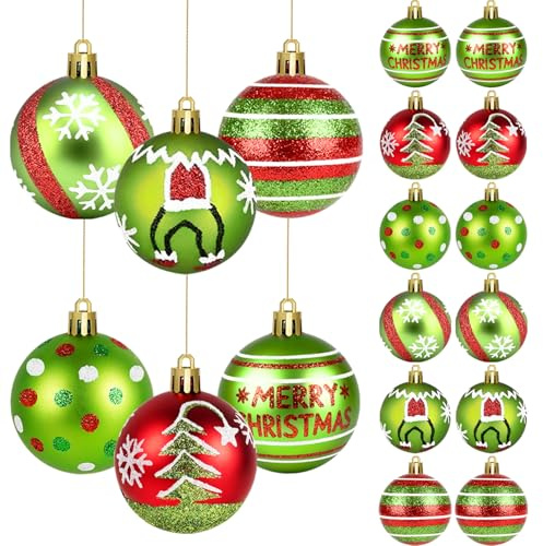 Miaikoe 18pcs Weihnachtskugeln Ornament 6 cm glitzernde hängende Weihnachtskugeln für Baumdekoration rote grüne Kunststoffkugeln für Heim Winterurlaub Dekor