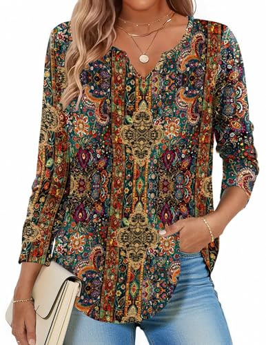 Zeagoo Long Sleeve Shirt Vintage Ethnic Blouse for Women Dressy Casual Spring Top V Neck Loose Boho Tunic School Outfits M
