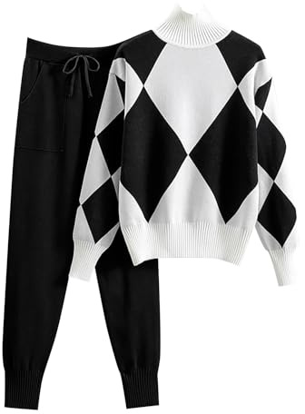 HEONSATI Completi Maglina Donna Tute Due Pezzi Tuta Maglia Elegante Set Coordinato Casual Invernale Maglione Manica Lunghi e Pantaloni a Gamba Larga Completi Felpata Completio da Ginnastica Lavorati