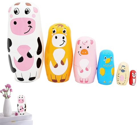 Sucritude Steckpuppen Für Kleinkinder, Holz 6 Schichten Bauernhoftier Russische Stacking Puppen, Tierfigur Für Wohnung Studentenzimmer Schule Klassenzimmer Schlafzimmer Wohnzimmer Festliche Feiertage