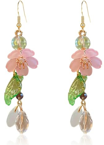 Zimocepuz Rosa Earrings for Women, Long Fairy Drop Earrings with Cherry Blossom and Green Leaf Bead Design, Approximately 6 cm, Bohemian Style Flower Earrings