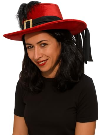 TrendandStylez Hut Musketier, aus Filz, mit Federn Rot Schwarz, Karneval, Mottoparty, Kostüm, Verkleidung, Accessoire