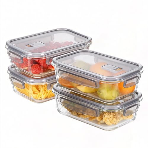 Glass Food Storage Containers With Lids Of 1040ml*4, Kitchen Essentials Storage,Bpa-Free Glass Meal Prep Containers - 8piece Set ( 4Containers + 4Lids) with Free Sponge,Food Containers With Grey Lids