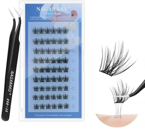 NAGARAKU Självhäftande ögonfranskluster med pincettset 54 stycken Wispy Fairy volymfransar utan lim och borttagare återanvändbar enstegsanvändning för naturlig ögonstyling 0,07 mm C 10/11/12 mm