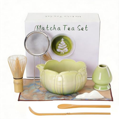 Kit Matcha 8pz Princip. & Amantes, Batidor & Bol Vértice, Verde Degradado | Kit Matcha 8 Piezas, Paño Incluido, Bol Verde Degradado, Pico Vertedor, Fácil de Limpiar & Guardar, Regalo Ideal