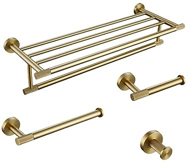 forestalk Set di accessori per il bagno – Kit in ottone zigrinato dorato spazzolato per portasciugamani, gancio per accappatoio, porta carta, anello per asciugamani, scopino per WC e scaffale