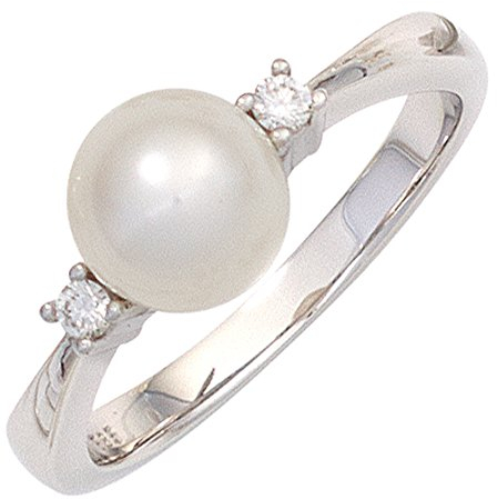 Jobo Damen-Ring aus 14 Karat 585 Weißgold 2 Diamanten und Perle Größe 54