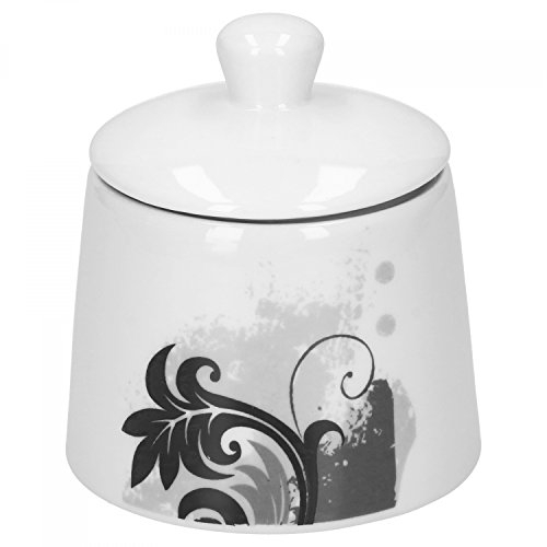 Van Well Zuckerdose 250 ml Black Flower | runder Zuckerspender mit Deckel | edle Porzellan-Dose | modernes Dekor | Gastronomie