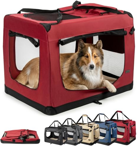 lionto Hundtransportbur vikbar för resor och bil, 90 x 61 x 65 cm, stabil transportlåda med bärhandtag och filt för katter och hundar upp till 22 kg, robust hundlåda av tyg för små och stora, mörkröd