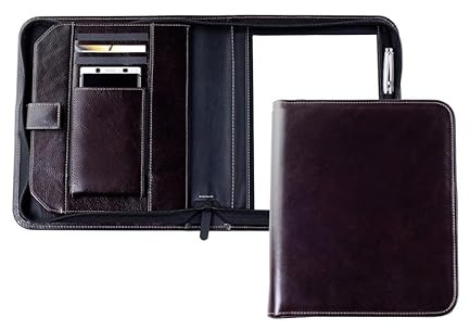 DELMON VARONE - Personalisierbare Tablet und Smartphone Schreibmappe DIN A5 aus Premium Vintage Anilin Leder braun, Echtleder Konferenzmappe mit Notizblock, Stiftschlaufe, Steckfächer & Reißverschluss
