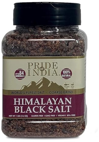 Pride Of India - Himalayan Black Salt - Coarse Grind, 1 Pound (16oz) Jar - Kala Namak - Contains 84+ Minerals - Use in grinders, restaurants & cooking - Perfect for Faux Egg Recipes & Vegan Scramble