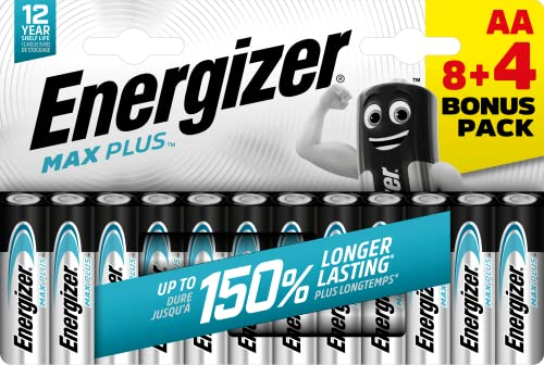 Energizer - Max Plus, Pack de 8+4 Pilas AA 1,5V, Más Potencia y Larga duración para Uso Cotidiano, sin sulfatación y Mantiene Carga 12 años
