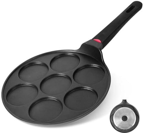 CAINFY Pancake Pan Maker Nonstick Induction Compatible, 10.5 Inch Mini Non Stick Silver Dollar Grill Blini Griddle Crepe Pan,7 Molds Cake Egg Cooker Skillet for Kids Gifts