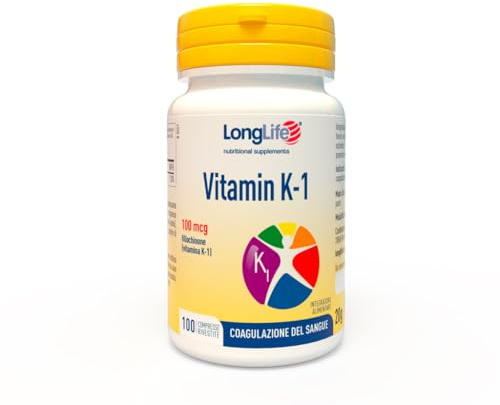 LongLife® Vitamin K-1 | Fillochinone pura | Supporto alla normale coagulazione sanguigna | Contribuisce al mantenimento di ossa normali | 100 compresse | Vegano e senza glutine